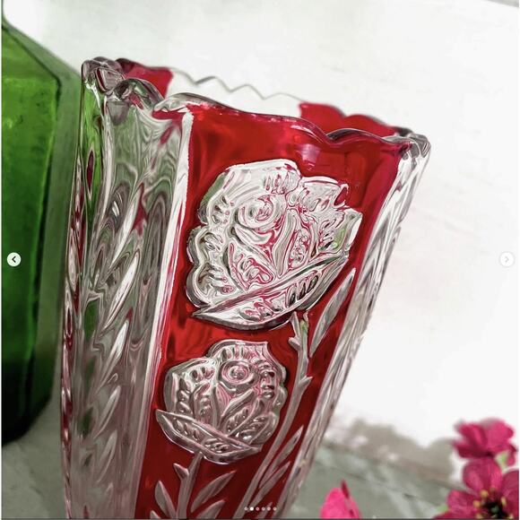 Vintage German Rosaline Ruby Red Hand Cut Lead Crystal Glass Vase Christmas - Picture 2 of 6